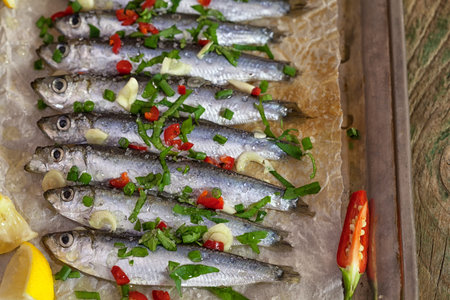 Fresh sardines ready for grillingの写真素材