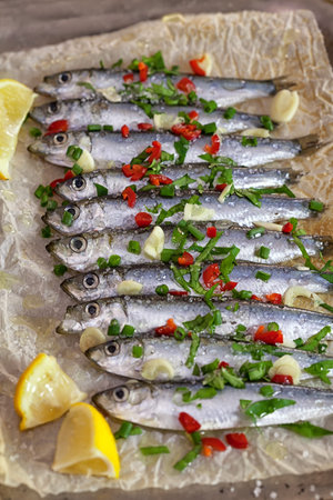 fresh sardines on baking paperの写真素材