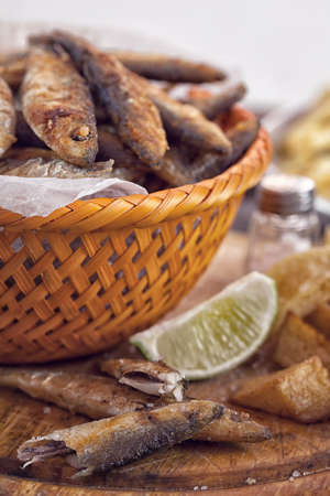 Fish and chips on wooden table with copy spaceの写真素材