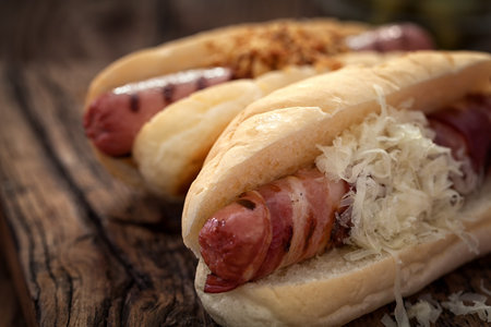 Hot dogs with bacon and cheeseの写真素材
