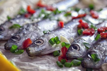 Fresh sardines ready for grillingの写真素材