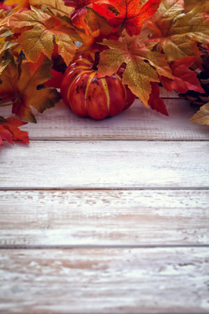 Autumn background with colored leaves on white wooden board