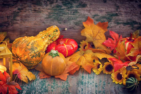 Autumn background with pumpkin and sun flower on wooden tableの写真素材