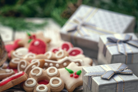 Christmas background with decorations and gift boxes