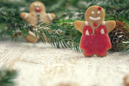 Christmas Decorated Gingerbread Men Cookies with copy spaceの写真素材
