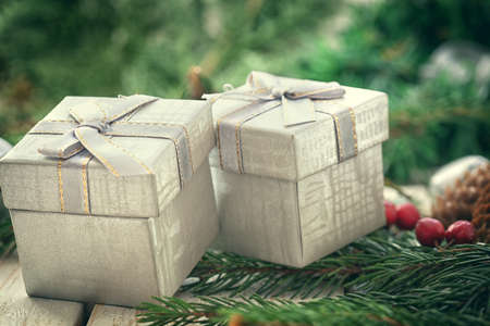 Christmas background with decorations and gift boxesの写真素材