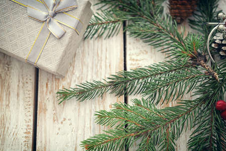 Christmas background with decorations and gift boxesの写真素材