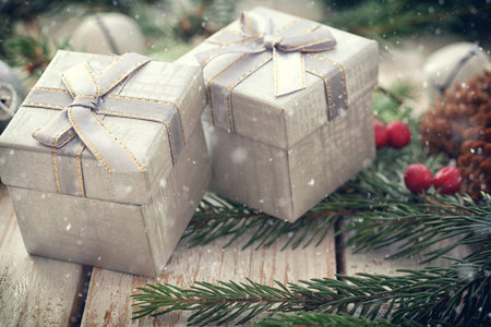 Christmas background with decorations and gift boxesの写真素材