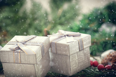 Christmas background with decorations and gift boxesの写真素材