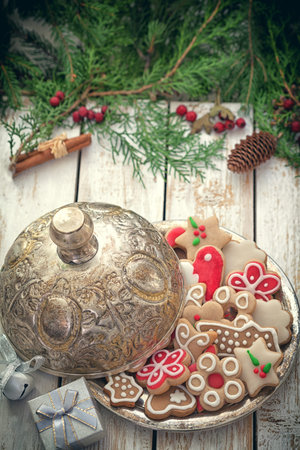 Christmas gingerbread cookies decoration with copy spaceの写真素材