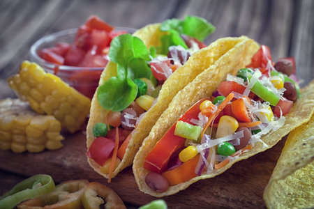Mexican corn tortilla tacos with vegetablesの写真素材