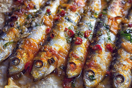 Grilled sardines on baking sheetの写真素材