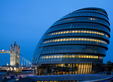 Civic Hall during the Blue Hour with Tower Bridge in the background, London, Englandのeditorial素材
