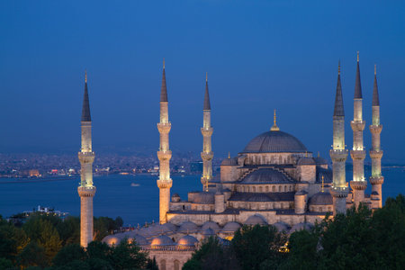 Illuminated Blue Mosque during the blue hour in HDR, Istanbul, Turkeyの写真素材