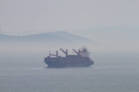 Container Ship in the fog, Bospurus, Turkeyの写真素材