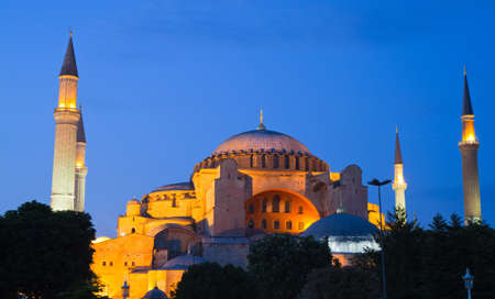 Illuminated Hagia Sophia at dawn, Istanbul, Turkeyの写真素材