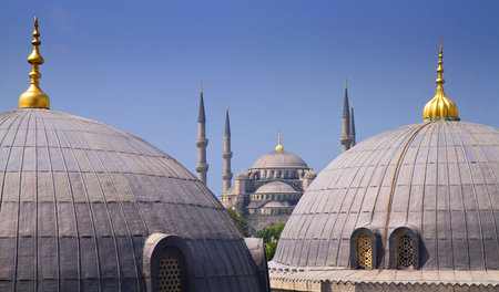 Blue mosque with Domes of the Hagia Sophia in the foreground, Istanbul, Turkeyの写真素材