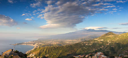 Panorama of the Etna and the sicilian coastline, Italyの写真素材