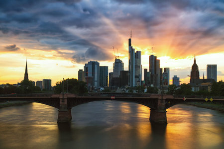 Sunrays on the skyline of Frankfurt, Germanyの写真素材