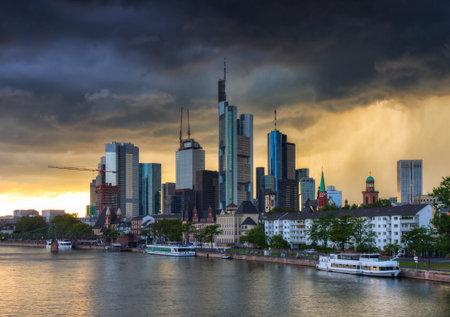 Thunderstorm over the skyline of Frankfurt, Hessen, Germanyの写真素材