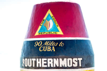 Monument of Southernmost Point of USA isolated on white background, Key West, Floridaの写真素材
