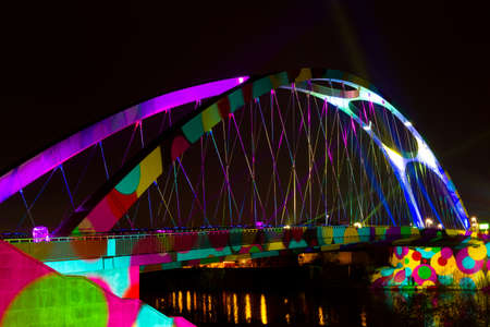 FRANKFURT - APRIL 01  Illuminated Osthafenbruecke at night on April 01, 2014 during the Luminale 2014  The Luminale takes place in Frankfurt every 2 years のeditorial素材