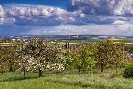 Viewpoint over Ockstadt and the Wetterau in spring, Hessen, Germany