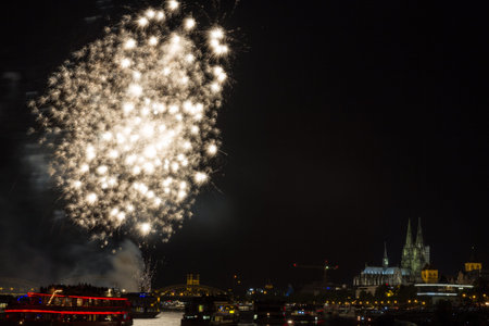 Firework in front of the cathedral of Cologne, Germany