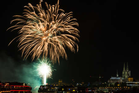 Firework in front of the cathedral of Cologne, Germanyの写真素材