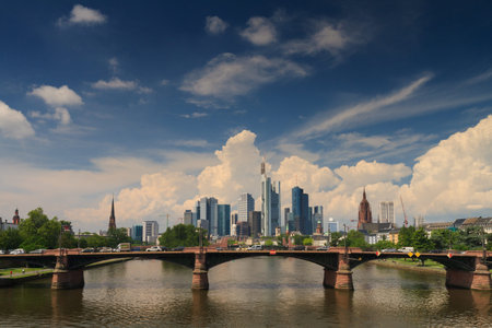 Big clouds over the skyline of Frankfurt, Hesse, Germanyの写真素材