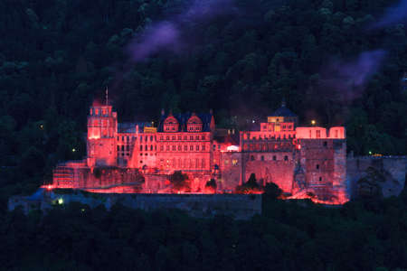 Red illumination of the old castle, Heidelberg, Germanyのeditorial素材
