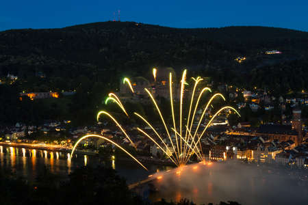 Firework at the old bridge of Heidelberg, Germanyの写真素材