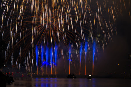 Huge firework over the rhine river, Cologne, Germanyの写真素材