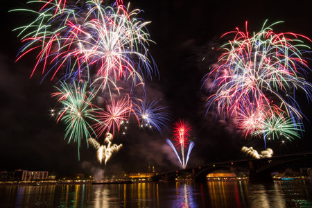 Colorful firework over the rhine river, Mainz, Germany