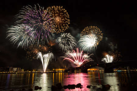 Firework over the rhine river, Mainz, Germanyの写真素材