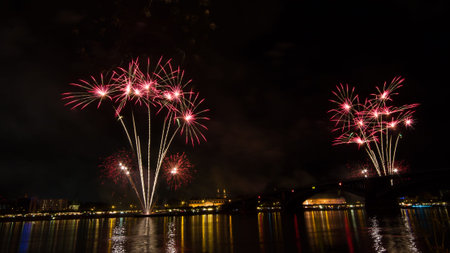 Firework over the rhine river, Mainz, Germanyの写真素材
