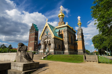 Mathildenhoehe Darmstadt, Hochzeitsturm and Russina chapel, Hessen, Germanyの写真素材