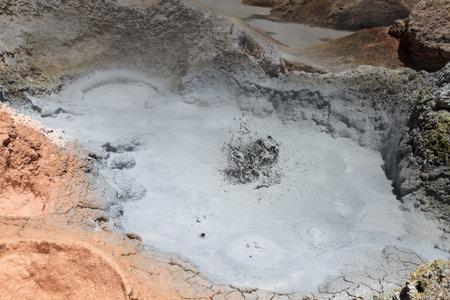 Boiling mud pot at volcanic Sol de Manana, Altiplano, Boliviaの写真素材