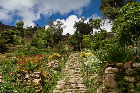 Inca stairs at Isla del Sol, Lake Titicaca, Boliviaの写真素材