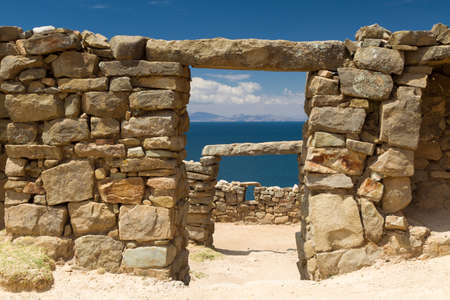 Inca ruins above Lake Titicaca, Boliviaの写真素材