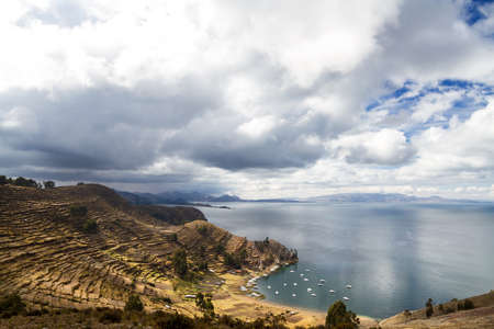 Harbor at Isla del Sol, Lake Titicaca, Boliviaの写真素材