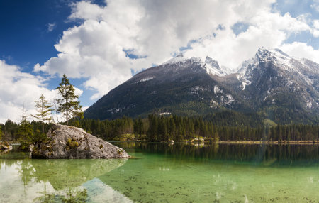 Panorama of Lake Hintersee, Berchtesgadener Land, Bavaria, Germanyの写真素材