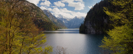 Panorama Lake Koenigssee as seen from lookout Malerwinkel, Bavaria, Germanyの写真素材