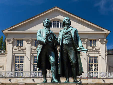 Goethe Schiller monument in front of the court theater, Weimar, Thuringia, Germanyのeditorial素材