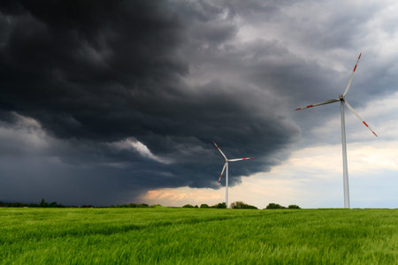 Thunderstorm over a wheat field with wind turbines, Wetterau, Hesse, Germanyの写真素材