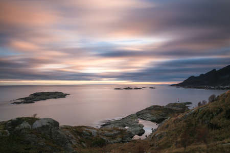Lofoten coastline at sunset - Long exposure version, Lofoten, Norwayの写真素材