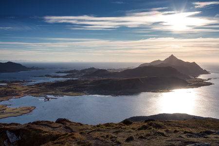 Panorama of the Lofoten mountain range from the top of the Offersoykammen, Lofoten, Norwayの写真素材