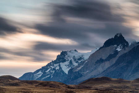 Sunset over the mountain range of Torres del Paine, Patagonia, Chileの写真素材