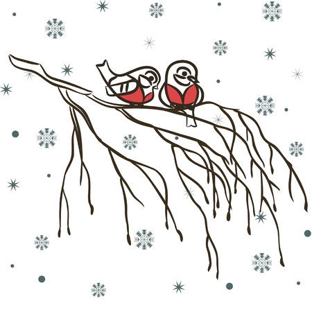 Winter birds on branch and snowflakesのイラスト素材