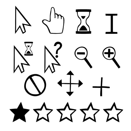 Hand drawn cursors icons  finger hand and magnifier and rating starsのイラスト素材